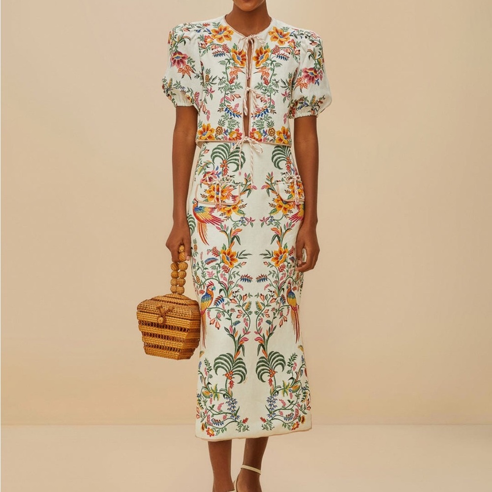 FARM Rio Off-White Delicate Forest Euroflax™ Premium Linen Midi Skirt